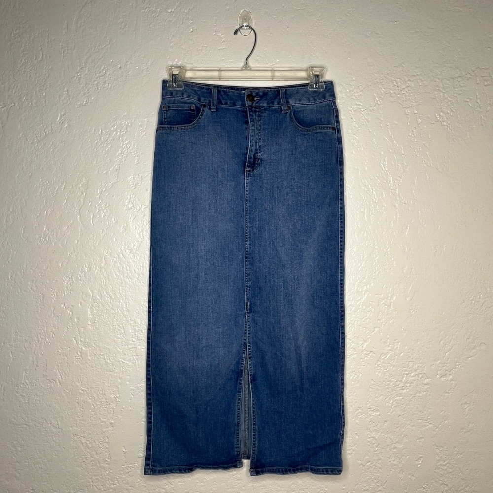 Rachel Zoe Womens Denim Midi Denim Skirt Medium Wash Front Slit Size 6 Blue Jean